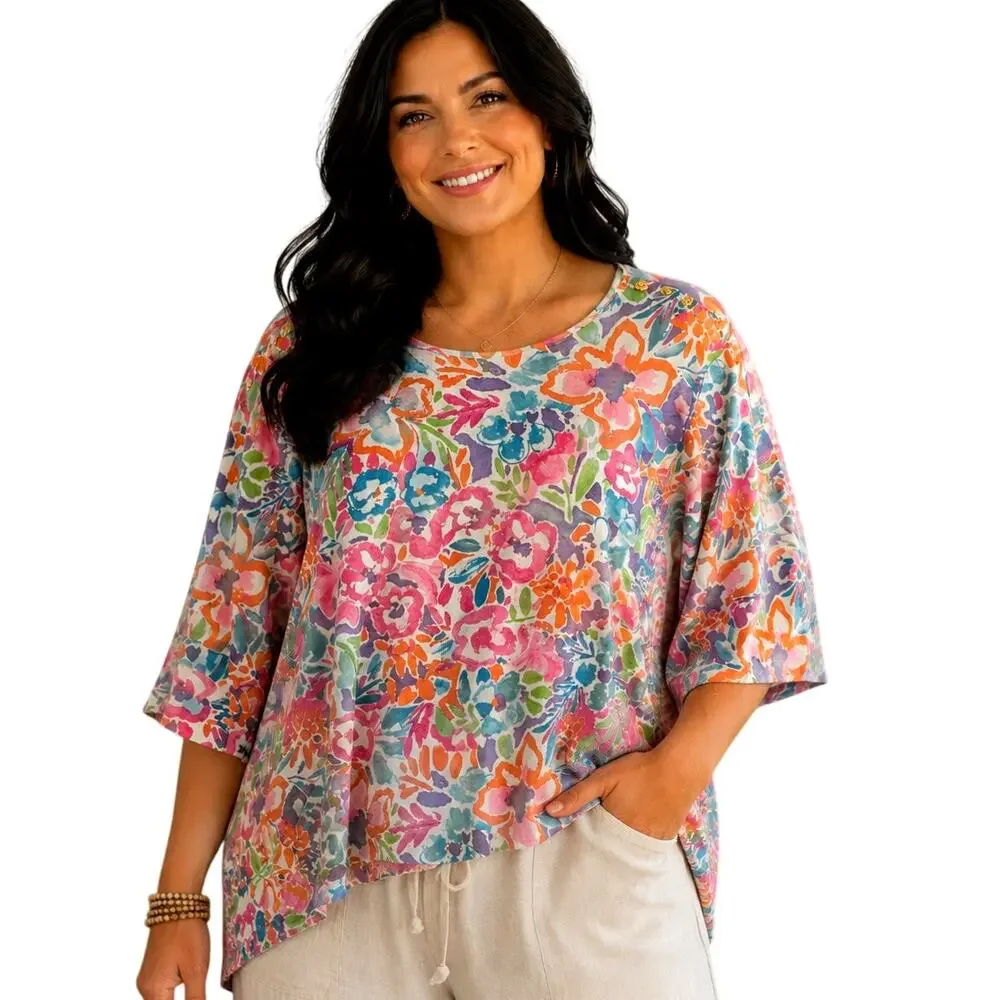 Lauren Ralph Lauren Artsy Floral Top Womens Size 3X Colorful 3/4 Sleeve Knit Tee